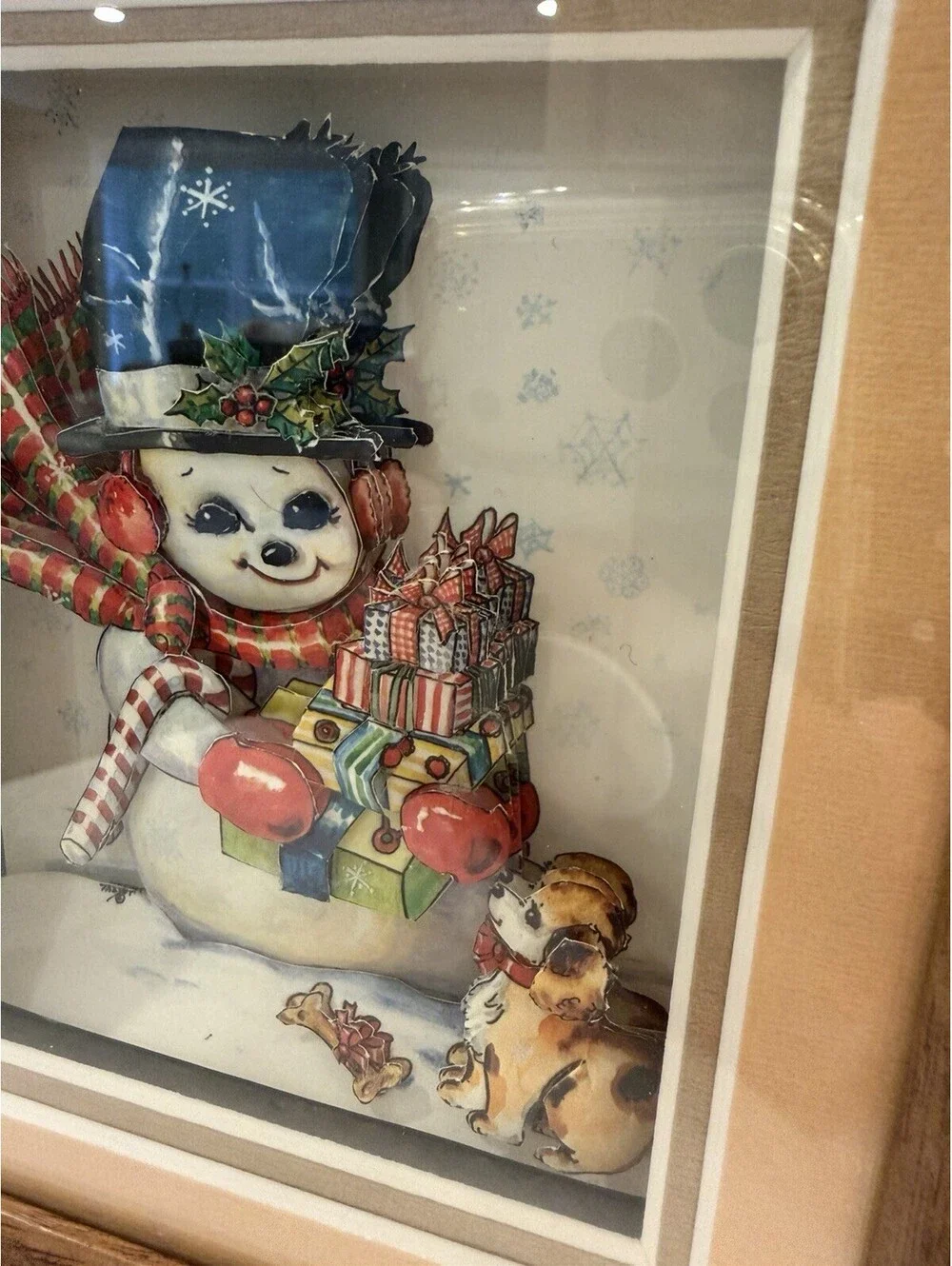 Vtg Christmas 3D Shadowbox Snowman & Puppy  Picture Excellent